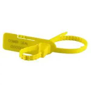 Combilock tamper evident pull-tight security seal by Acme Seals Ltd – yellow plastic seal with tear-off tag