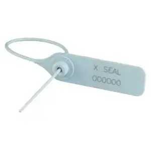Acme X Seal Standard Numbered Acme X Seal – plastic pull-tight tamper evident security seal, Close-up of Acme Seals X Seal locking mechanism, X Seal available in standard and extended lengths, Custom printed with serial number and barcode