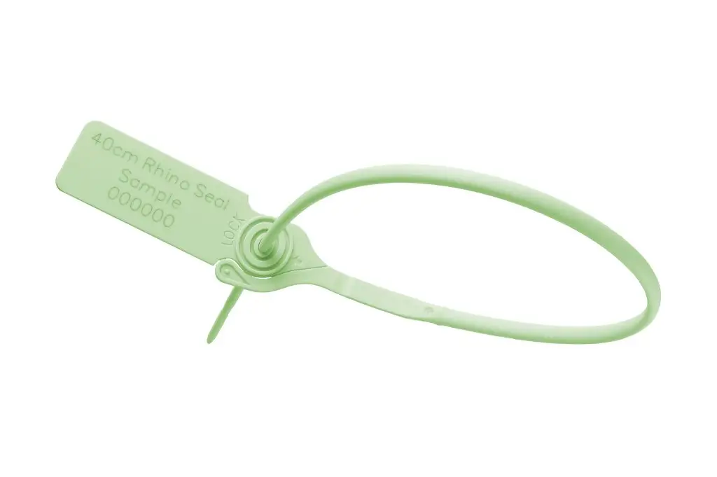 Close-up of Rhino Seal showing breakaway tag and ribbon design