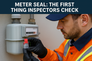 Inspector performing a meter seal inspection on a utility meter in the UK