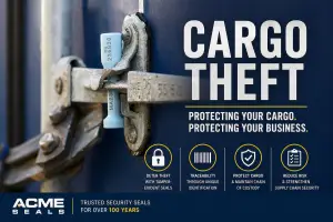 Cargo theft prevention with Acme bolt seal securing a shipping container door for enhanced supply chain security and tamper evidence.