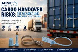 Acme Seals cargo handover risks banner showing a shipping container, freight truck, and tamper-evident security seals including bolt seals, metal seals, and plastic pull-tight seals used for supply chain security.