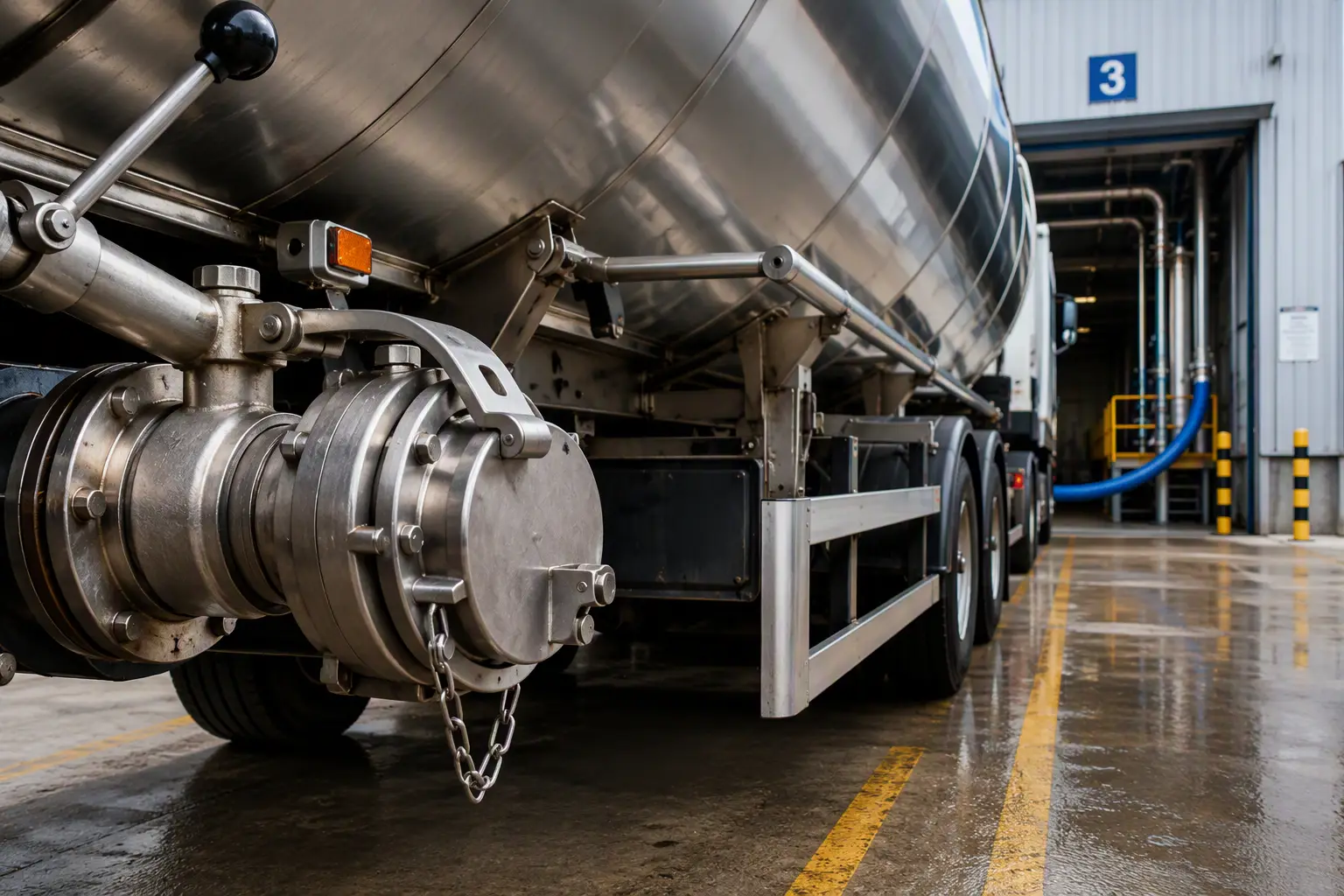 Stainless steel road tanker positioned at a loading bay with a close-up view of the discharge valve assembly used for security sealing applications.