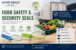 Food Safety and Security Seals by Acme Seals Ltd protecting food products during transport and storage with tamper-evident seals for roll cages, sacks, tanker valves, delivery vehicles and cold chain logistics.