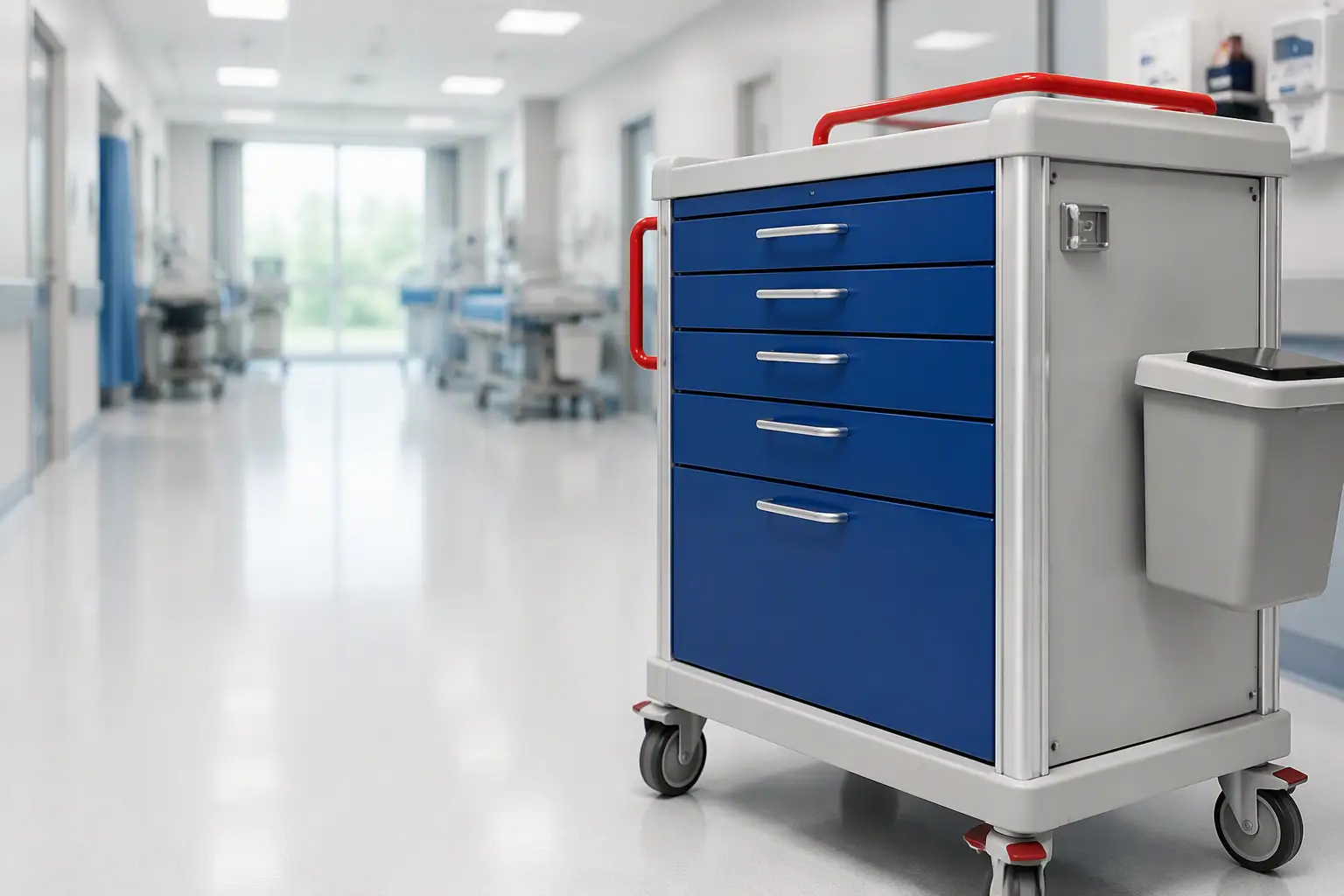 Emergency crash trolley positioned in a hospital corridor ready for rapid medical response and equipment access.