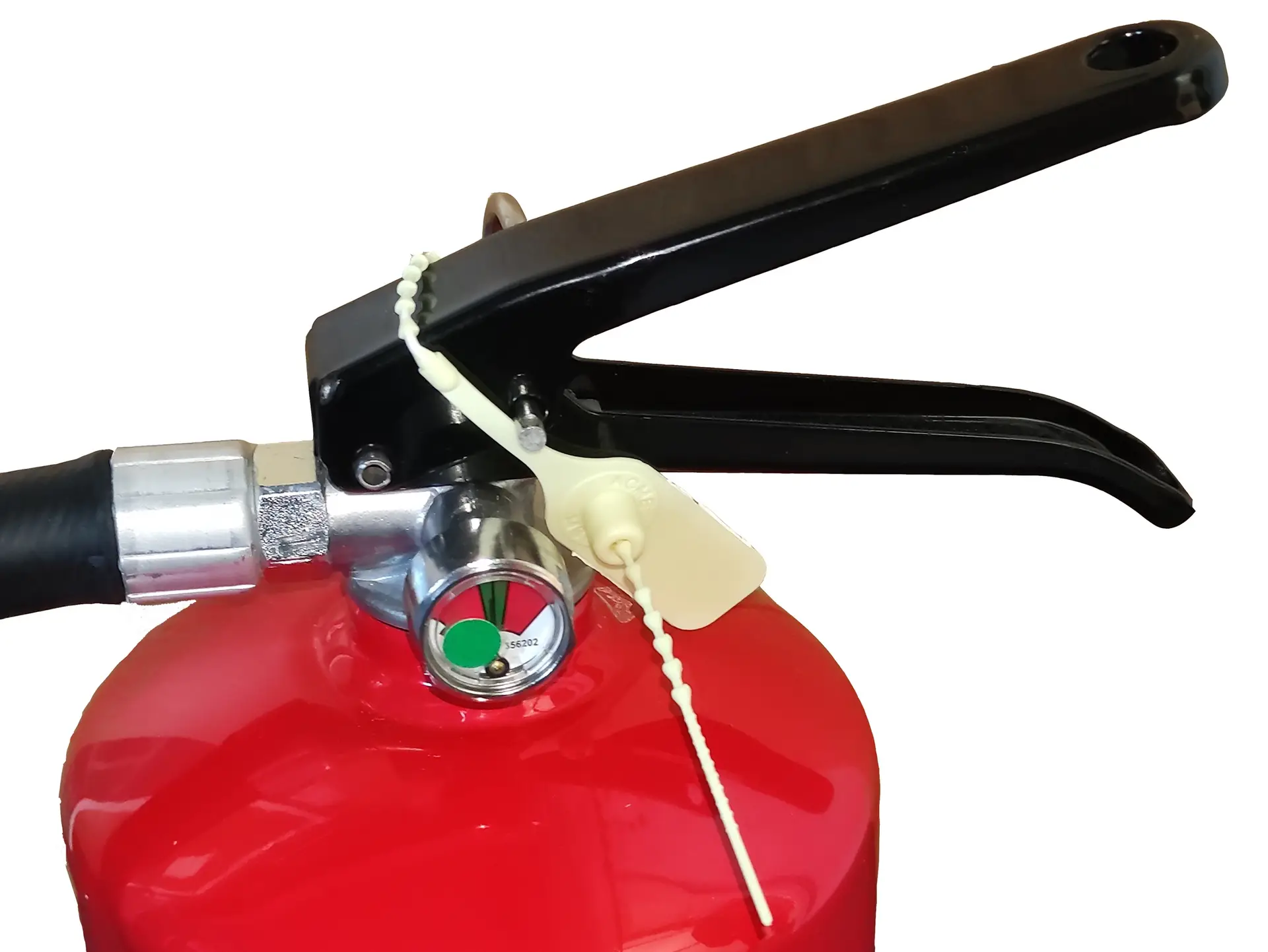 Fire extinguisher secured with a tamper-evident F Seal for inspection verification and safety equipment tracking.
