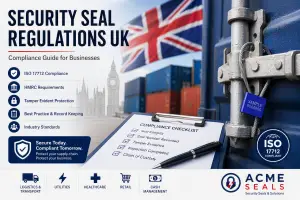 Blue cable security seal securing a shipping container door with UK compliance checklist and ISO 17712 security seal regulations concept.