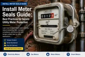 Install meter seals guide showing a utility meter fitted with a tamper-evident lead seal for electricity, gas and water meter security applications.