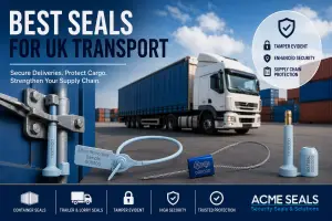 Best Seals for UK Transport showing Acme Seals bolt seal, Rhino plastic seal and cable seal securing freight transport containers and logistics operations in the UK.
