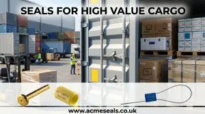 High-security bolt seal securing a shipping container carrying high value cargo, protecting valuable goods from tampering and theft during transport.