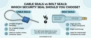 An infographic comparing the features of Cable Seals and Bolt Seals for security, including uses for variable length, high-security C-TPAT compliance, tanker valves, and intermodal containers.