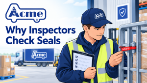 Acme Seals illustration showing an inspector checking a numbered tamper-evident security seal on a roll cage.